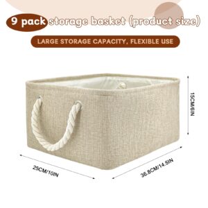 SAMORADREA 9 Pack Storage Basket Bins & Decorative Baskets Storage Box Cubes Containers Bulk W/Handles for Office, Home, Books, Clothes, Bedroom, Closet (Beige)