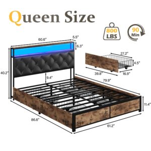 Lifezone Queen Bed Frame with 2-Tier Storage Faux Leather Headboard, Metal Platform Bed with 4 Storage Drawers, Built-in Charging Station & LED, Noise-Free/No Box Spring Needed, Black Diamond