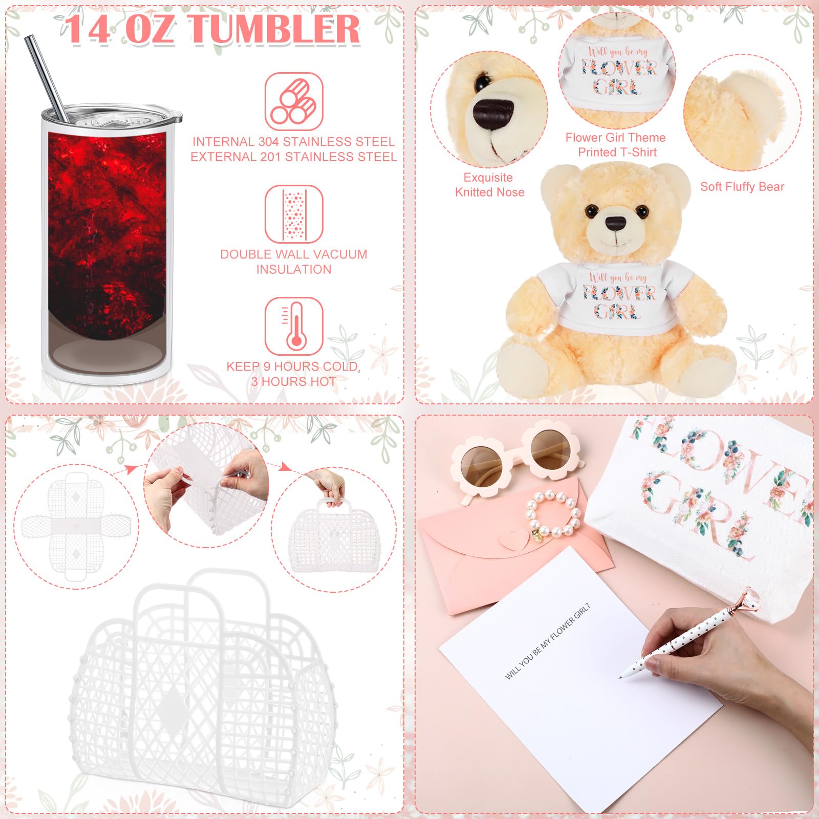 Sieral 2 Sets 18 Pcs Flower Girl Jelly Basket Set Including Flower Girl Tumbler Bear Sunglasses Makeup Bag Bracelet Proposal Card with Pen Envelope Plastic Handbag for Wedding Bridal Shower (White)