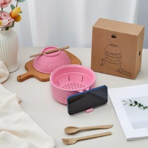 Romooa Microwave Ramen Cooker Set 33 oz Quick Ramen Bowl Set Microwave Noodle Cooker with Handle Ramen Noodle Bowl with Spoon Chopsticks Fork College Dorm Room Apartment Essentials(Pink)