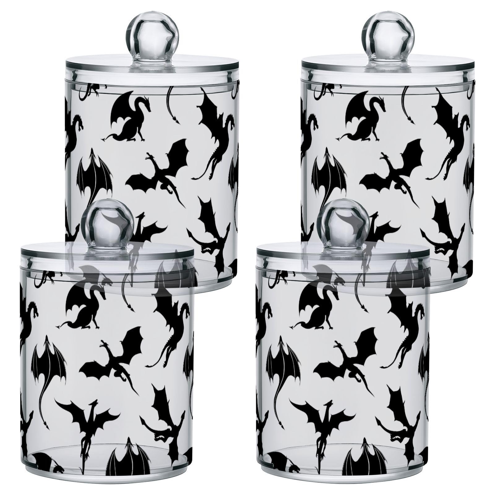 Gredecor 2 Pack Qtip Holder Clear Black Dragons Apothecary Jars with Lids Acrylic Bathroom Jars Vanity Countertop Canister Storage Organizer for Cotton Ball,Swabs,Pads,Floss