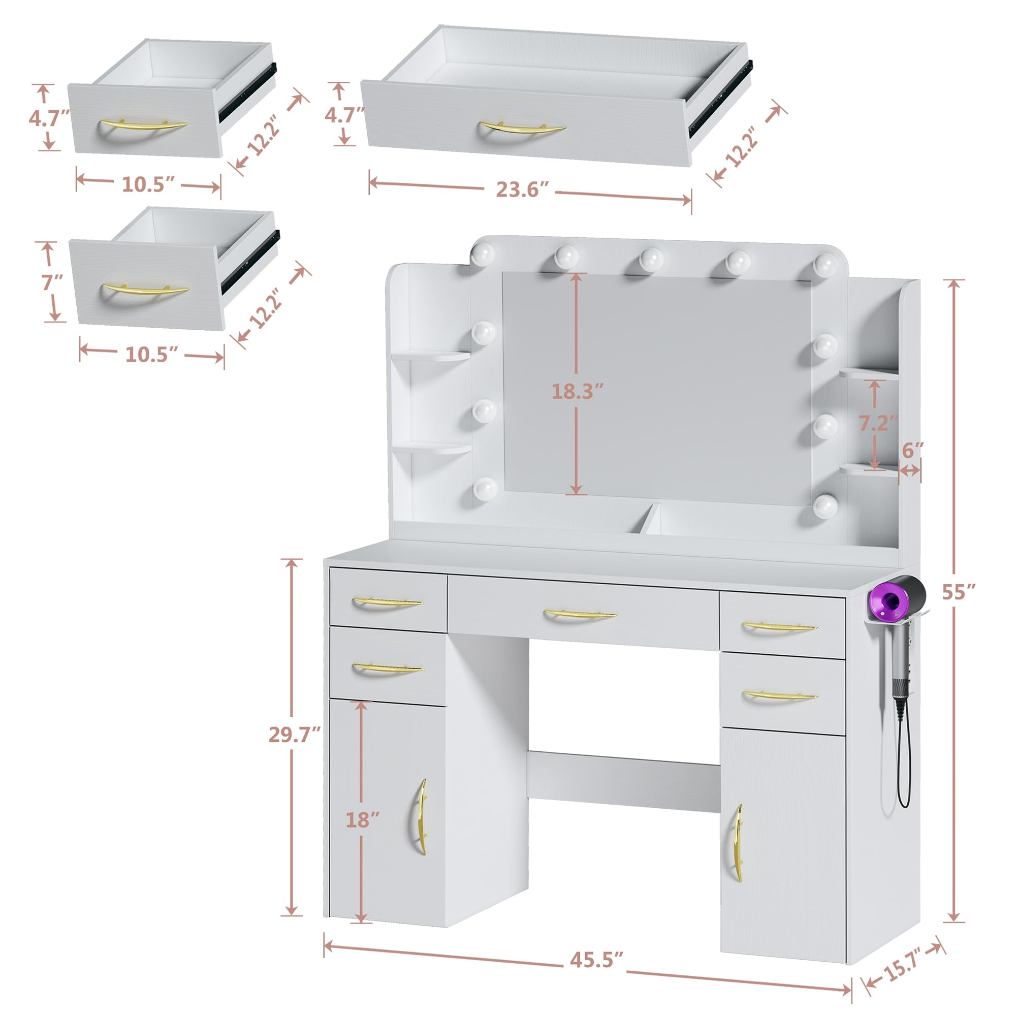 ALEXNUTRE Makeup Vanity Desk with Lights, Large Vanity Desk with Mirror and Lights in 3 Models, Vanity with Power Outlet, Vanity Desk with 5 Drawers, 2 Cabinets, Shelves, White Vanity for Bedroom