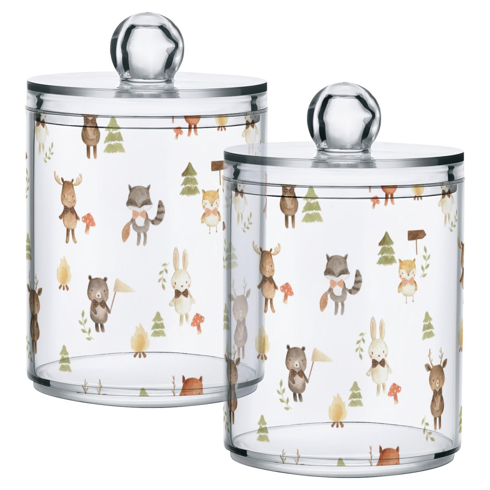 Gredecor 2 Pack Qtip Holder Clear Woodland Animals Cute Apothecary Jars with Lids Acrylic Bathroom Jars Vanity Countertop Canister Storage Organizer for Cotton Ball,Swabs,Pads,Floss