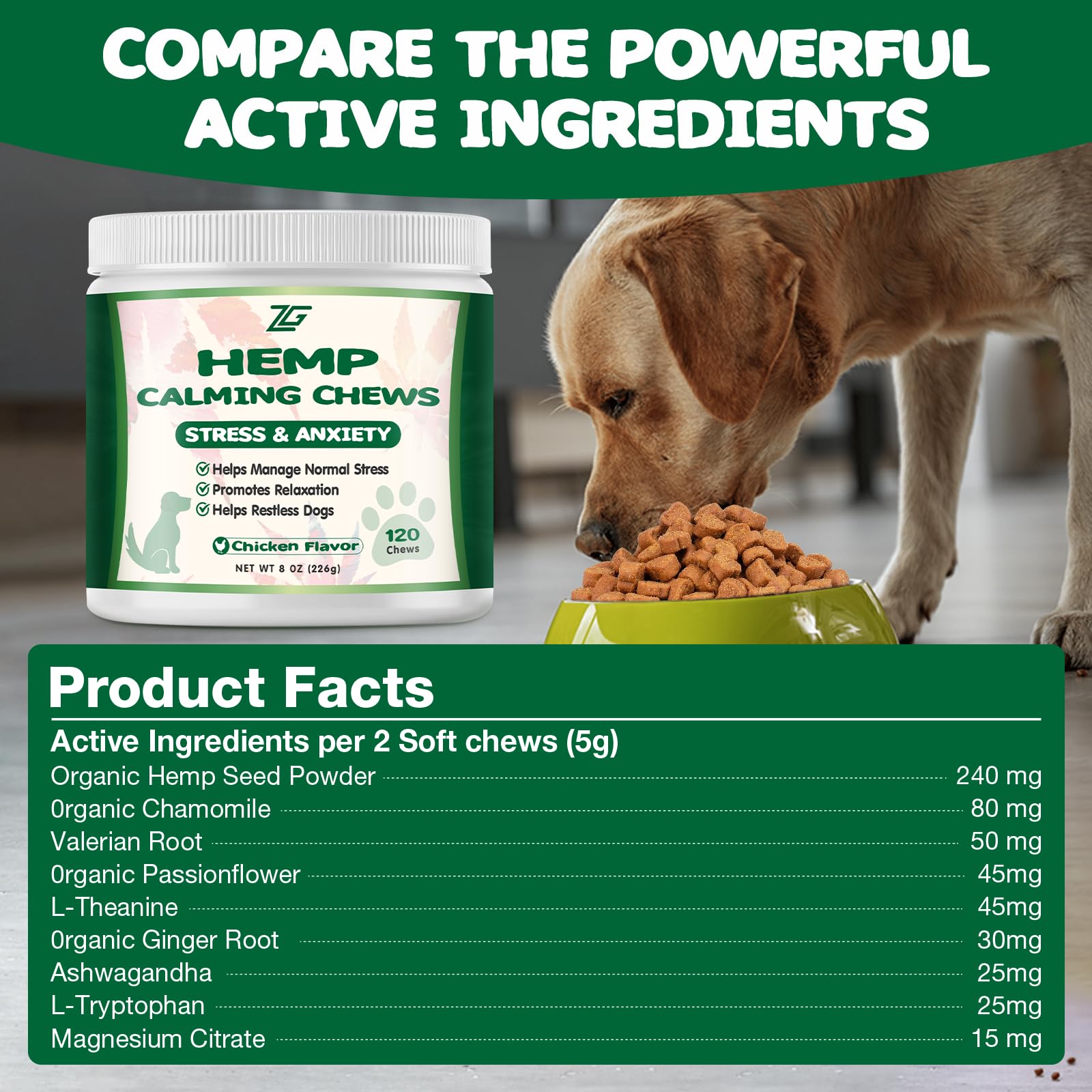 Hemp Calming Chews for Dogs Calming Treats - Anxiety Relief Treats, Composure Dog Calming Chews Helps with Dog Separation, Stress Relief, Sleep Calm Treats with Valerian Root, L-Tryptophan 120 Chews