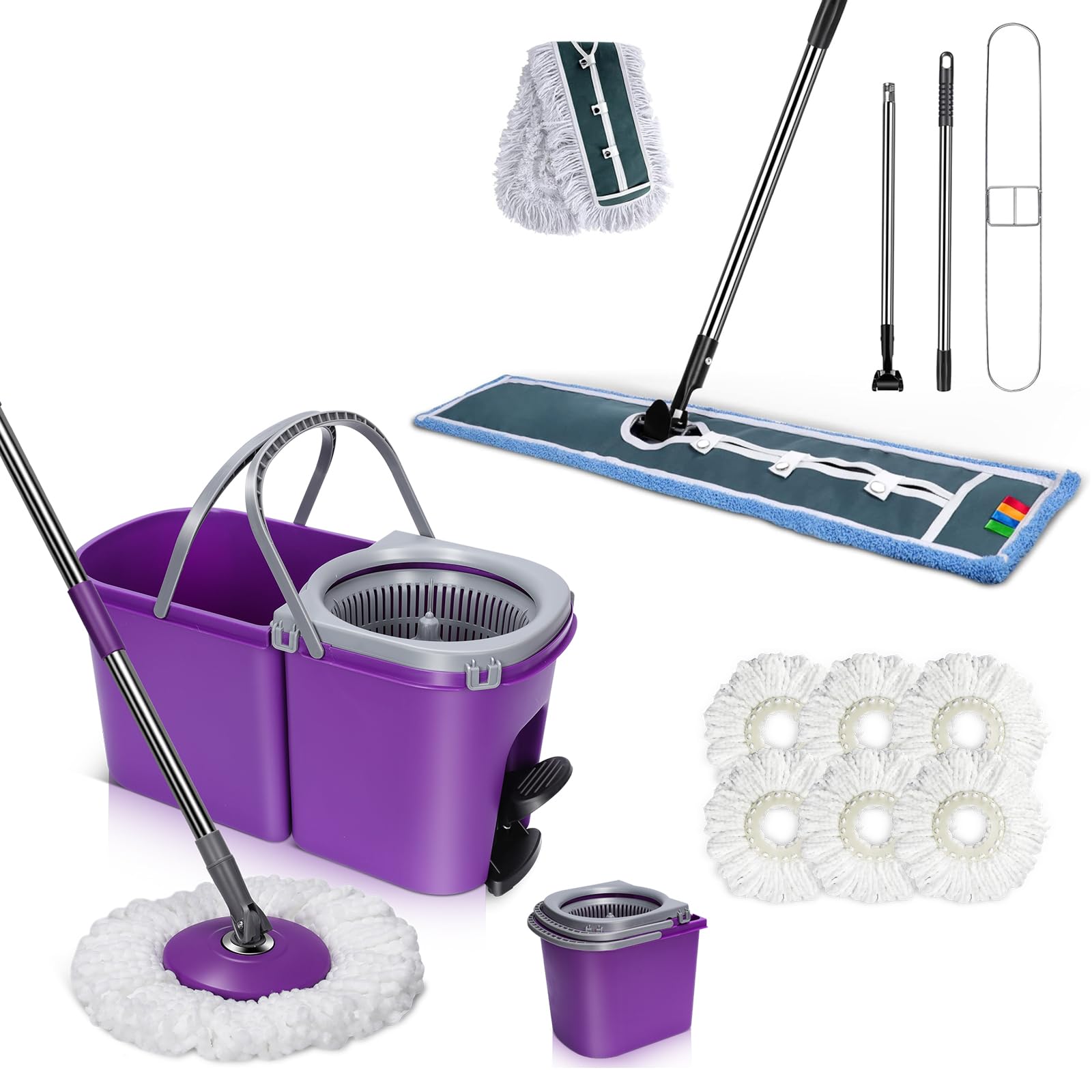 Masthome Detachable Easy Wring Spin Mop and Bucket with Foot Pedal, 6 Microfiber Mop Heads & 42" Large Industrial Mop with 2 Reusable Mop Pads for Floor Cleaning