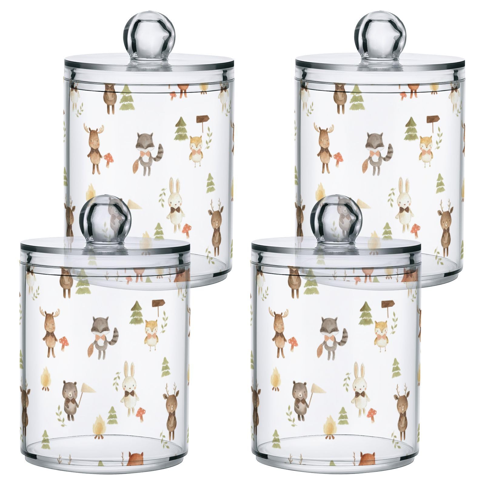 Gredecor 2 Pack Qtip Holder Clear Woodland Animals Cute Apothecary Jars with Lids Acrylic Bathroom Jars Vanity Countertop Canister Storage Organizer for Cotton Ball,Swabs,Pads,Floss