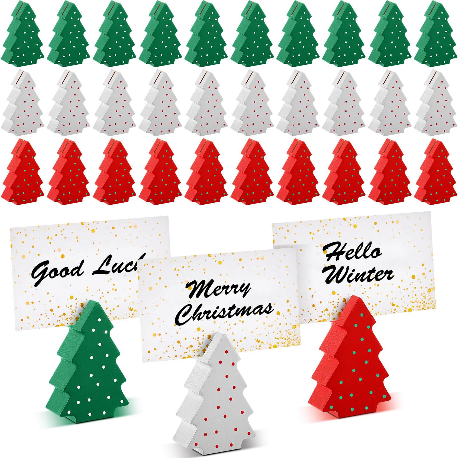 Kigley 60 Pcs Mini Christmas Tree Place Card Holders Wooden Xmas Table Number Holder Wood Table Sign Picture Holder Stand for Christmas Table Decor Party Favors