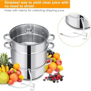 LDAILY 11 Quart Steam Juicer, 3-Layer Steam Juice Extractor, Fruit Vegetable Steamer w/Tempered Glass Lid, Hose, Clamp, Loop Handles, Stainless Steel Steamer Pot Cookware for Making Juice/Jelly/Pasta