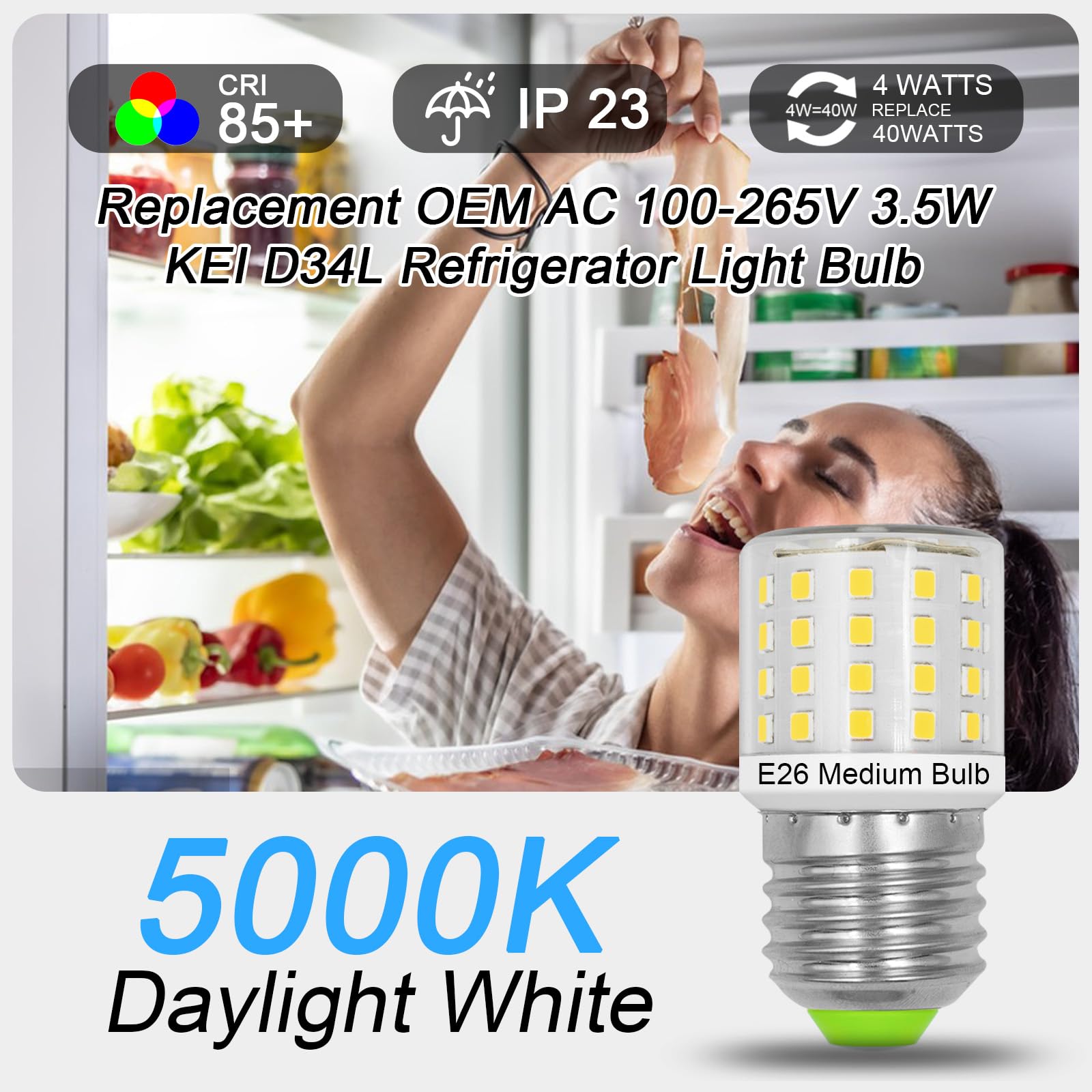 Megereet KEI D34L Refrigerator Bulbs AC 100-265V 3.5W Refrigerator Refrigerator Bulb Replacement 40W Halogen Equivalent Freezer 5304511738 Light Bulb Appliance Daylight White 5000K Pack of 2