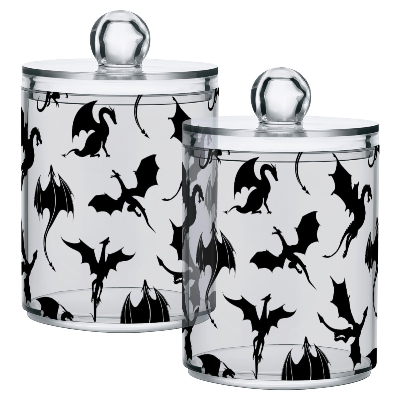 Gredecor 2 Pack Qtip Holder Clear Black Dragons Apothecary Jars with Lids Acrylic Bathroom Jars Vanity Countertop Canister Storage Organizer for Cotton Ball,Swabs,Pads,Floss