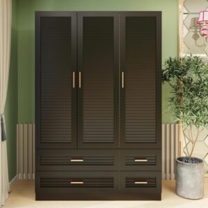 keloyid tall armoire wardrobe closet with 4 drawers, 3-tier shelves & hanging rod, 3 louver doors wooden closet storage cabinet for bedroom, black