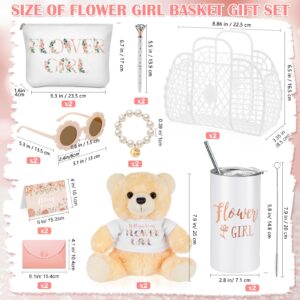 Sieral 2 Sets 18 Pcs Flower Girl Jelly Basket Set Including Flower Girl Tumbler Bear Sunglasses Makeup Bag Bracelet Proposal Card with Pen Envelope Plastic Handbag for Wedding Bridal Shower (White)