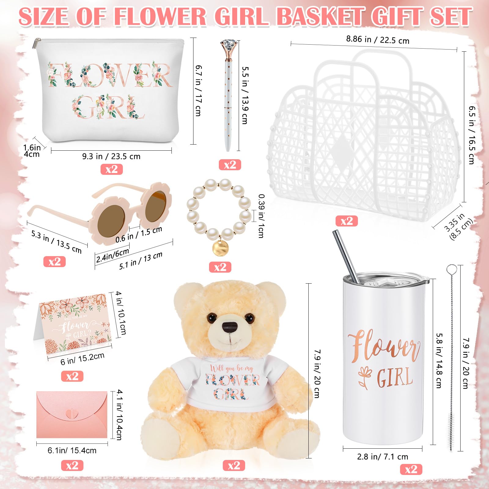 Sieral 2 Sets 18 Pcs Flower Girl Jelly Basket Set Including Flower Girl Tumbler Bear Sunglasses Makeup Bag Bracelet Proposal Card with Pen Envelope Plastic Handbag for Wedding Bridal Shower (White)