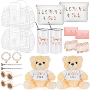 Sieral 2 Sets 18 Pcs Flower Girl Jelly Basket Set Including Flower Girl Tumbler Bear Sunglasses Makeup Bag Bracelet Proposal Card with Pen Envelope Plastic Handbag for Wedding Bridal Shower (White)