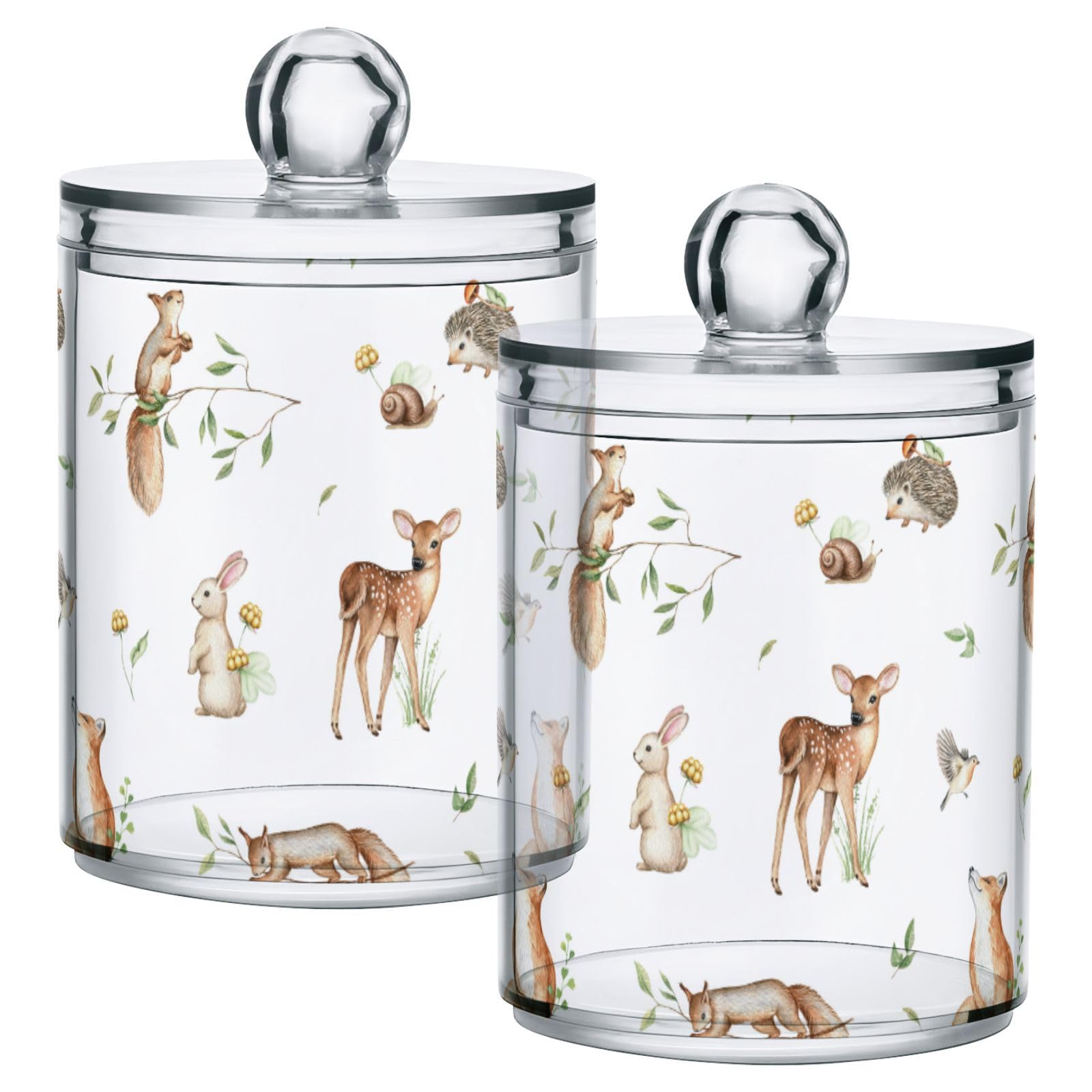 Gredecor 2 Pack Qtip Holder Clear Wild Woodland Baby Animals Apothecary Jars with Lids Acrylic Bathroom Jars Vanity Countertop Canister Storage Organizer for Cotton Ball,Swabs,Pads,Floss