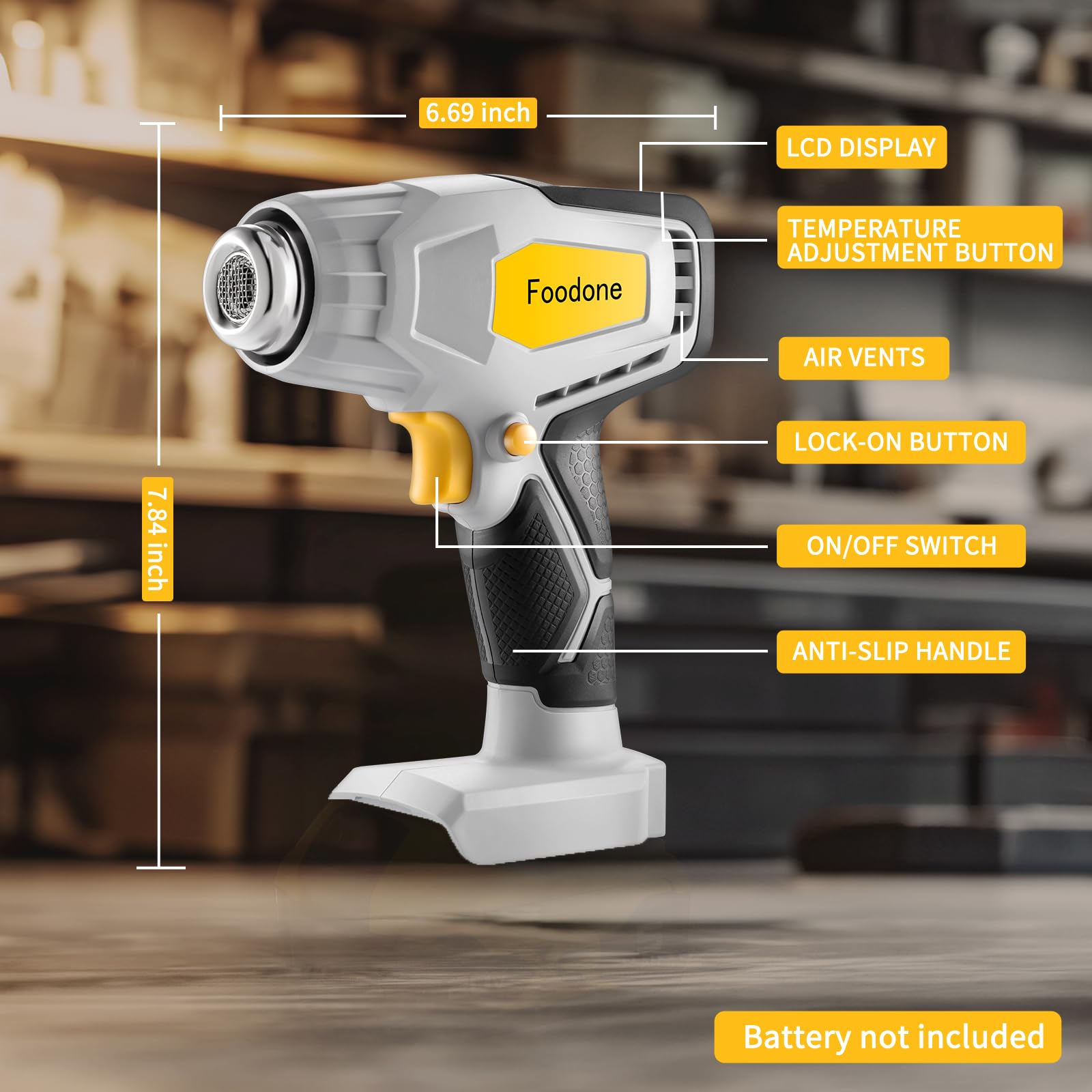 Cordless Heat Gun for Dewalt 20v Battery, Foodone Hot Air Gun with LCD Digital Display up to 1120℉(600℃), Pistola de Calor Portable Heat Shrink Gun with 5 Nozzles for Shrink Tubing,Crafting,Vinyl Wrap