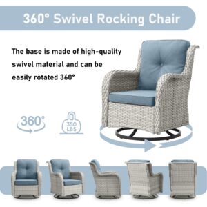 Wicker Outdoor Conversation Set-6 Pieces Outdoor Wicker High Back Couch with Swivel Rocker Chairs Patio Furniture for Deck Poolside Backyard-Light Grey/Light Blue