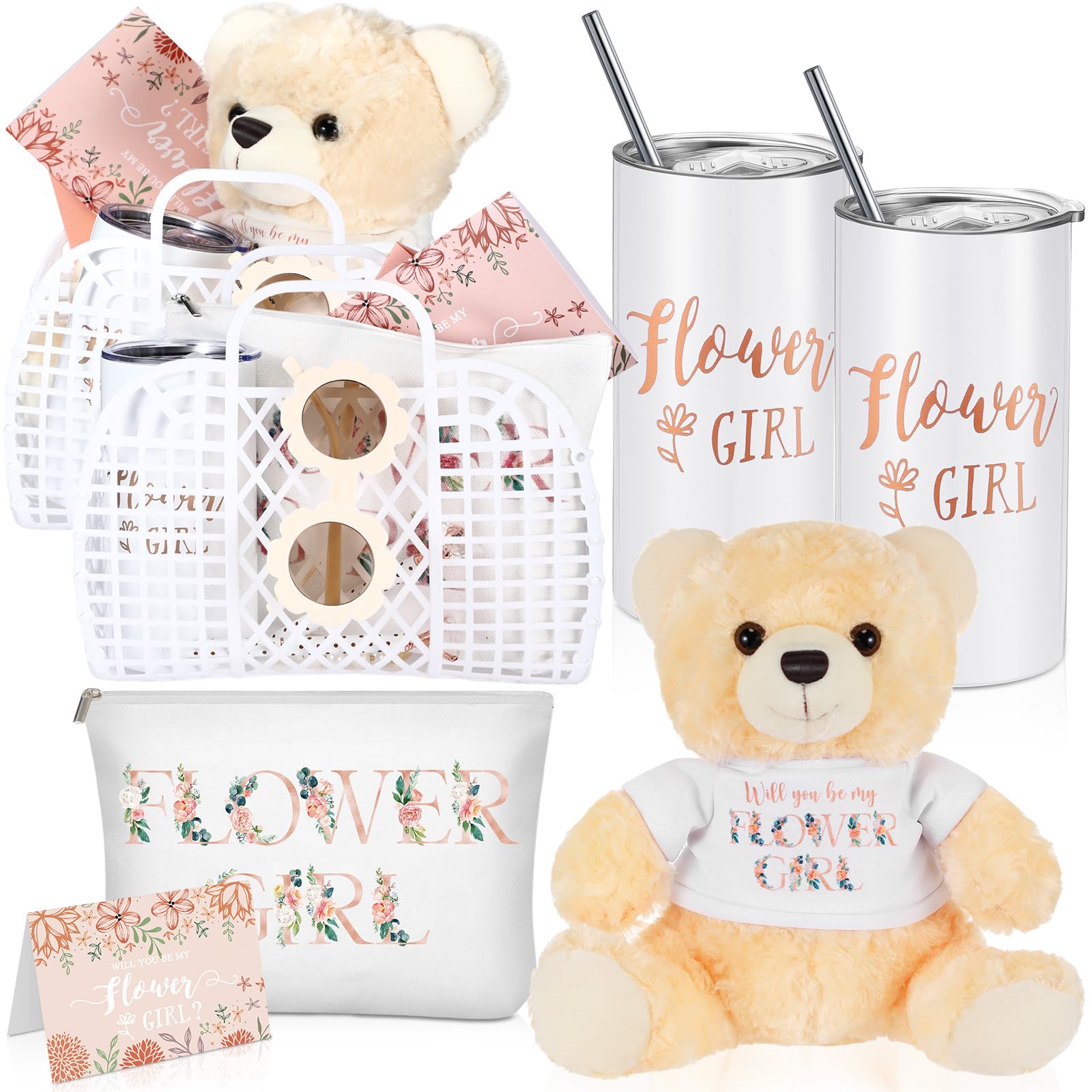 Sieral 2 Sets 18 Pcs Flower Girl Jelly Basket Set Including Flower Girl Tumbler Bear Sunglasses Makeup Bag Bracelet Proposal Card with Pen Envelope Plastic Handbag for Wedding Bridal Shower (White)