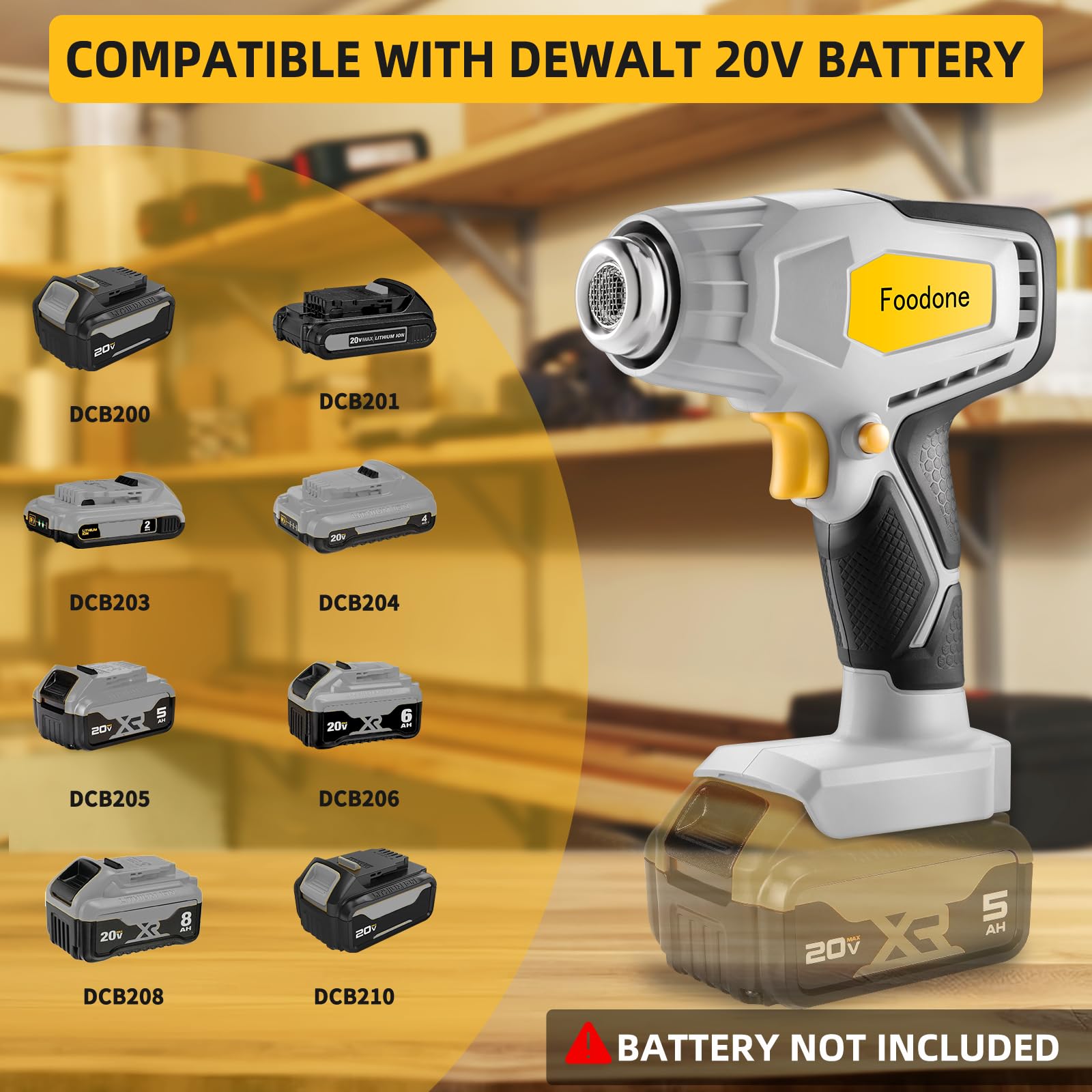 Cordless Heat Gun for Dewalt 20v Battery, Foodone Hot Air Gun with LCD Digital Display up to 1120℉(600℃), Pistola de Calor Portable Heat Shrink Gun with 5 Nozzles for Shrink Tubing,Crafting,Vinyl Wrap