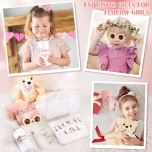 Sieral 2 Sets 18 Pcs Flower Girl Jelly Basket Set Including Flower Girl Tumbler Bear Sunglasses Makeup Bag Bracelet Proposal Card with Pen Envelope Plastic Handbag for Wedding Bridal Shower (White)