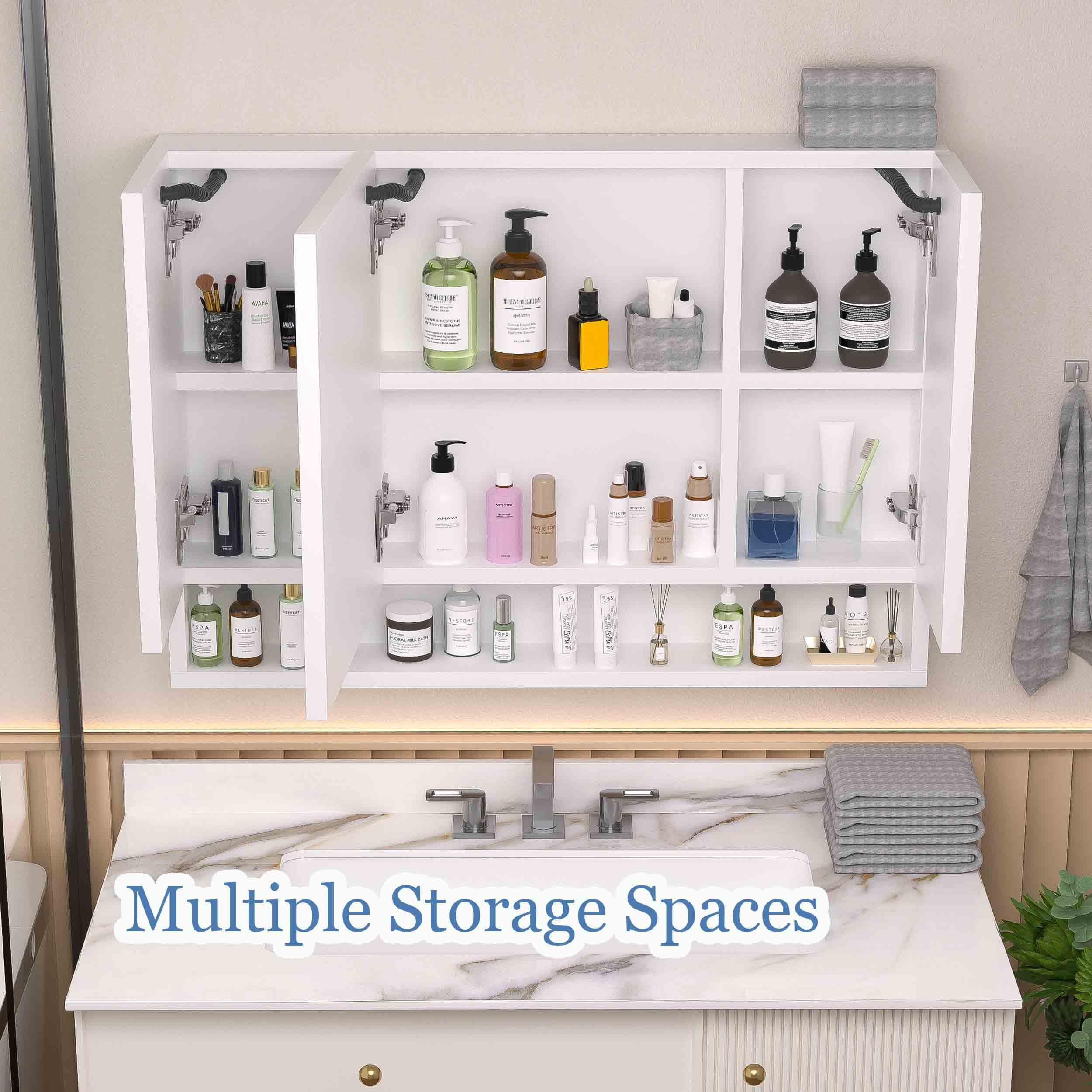 39x28 in Bathroom Mirror Cabinet, Bathroom Storage Cabinet with Adjustable LED Lights, Mirror with Storage, Wall-Mounted Medicine Cabinet with Defogging Mirror, Towel Rail & Multiple Shelves (39x28)