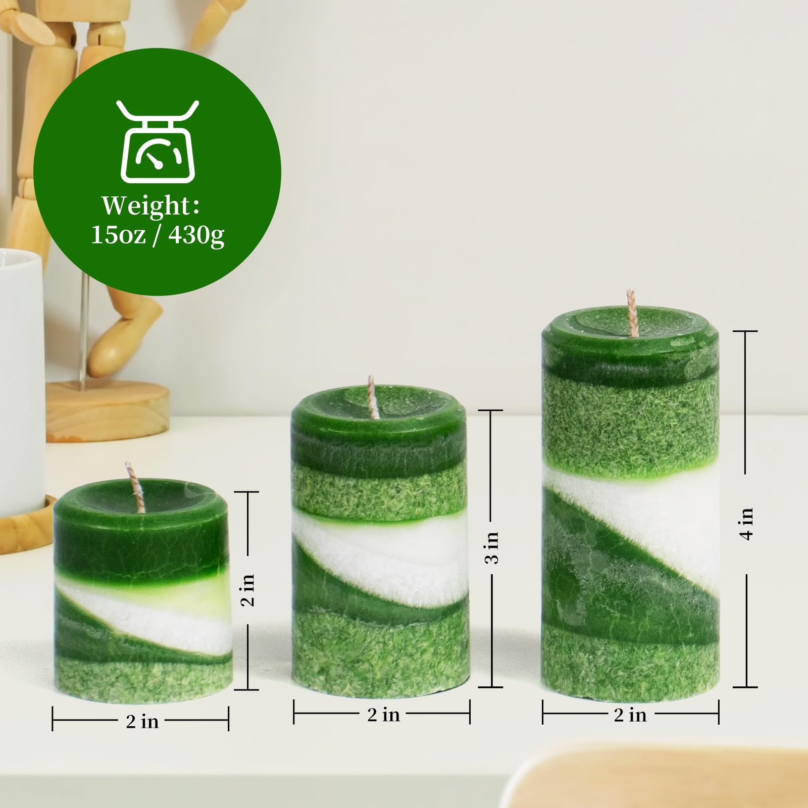 KONNI Scented Pillar Candles-Ice Flower Texture-Set of 3 Green Candles-2"x2", 2"x3", and 2"x4"-Smokeless and Long Burning Decorative Candles for Home Decor,Dinner Table Decor and Relaxation