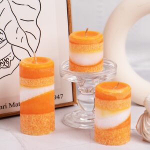 KONNI Scented Pillar Candles-Ice Flower Texture-Set of 3 Orange Candles-2"x2", 2"x3", and 2"x4"-Smokeless and Long Burning Decorative Candles for Home Decor,Dinner Table Decor and Relaxation