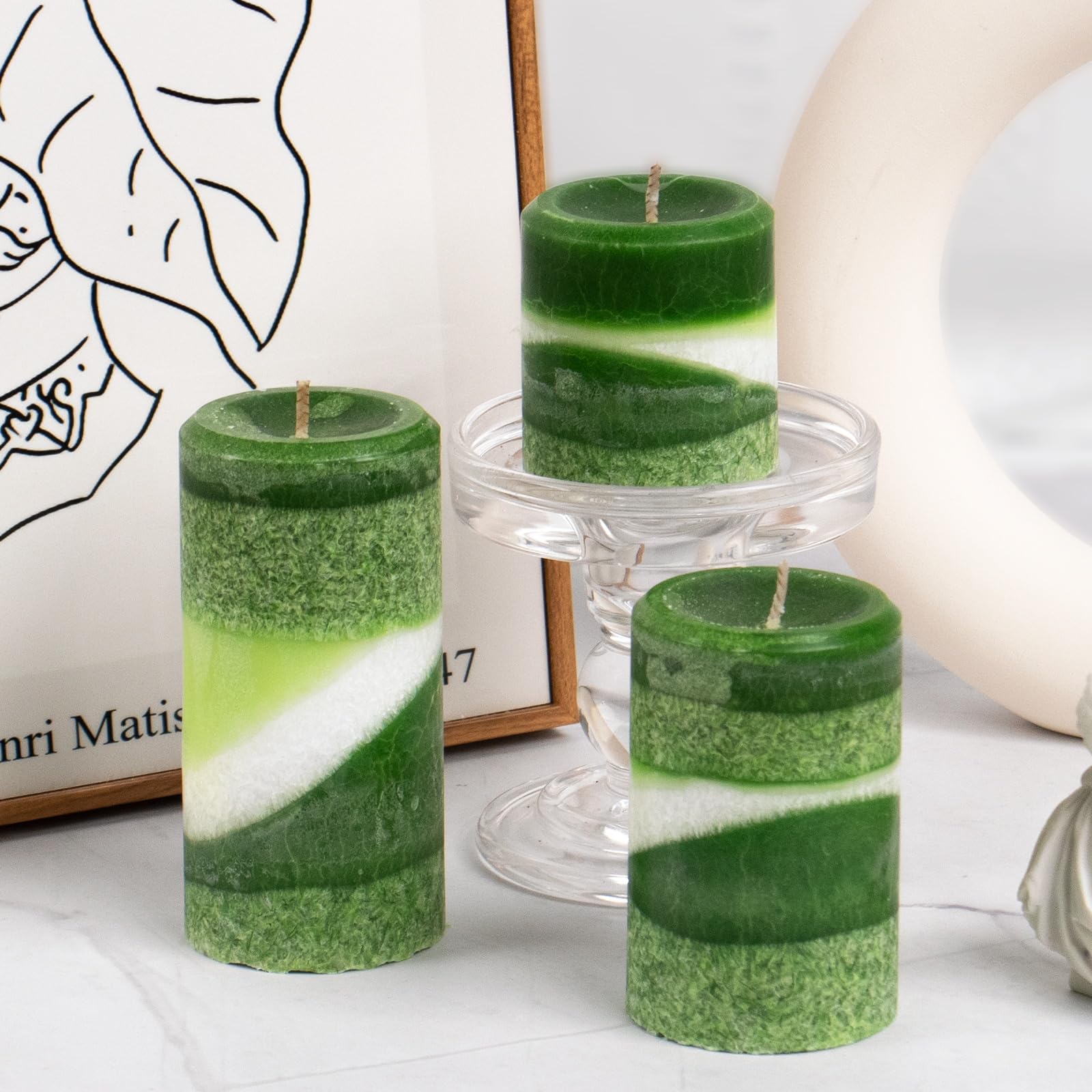 KONNI Scented Pillar Candles-Ice Flower Texture-Set of 3 Green Candles-2"x2", 2"x3", and 2"x4"-Smokeless and Long Burning Decorative Candles for Home Decor,Dinner Table Decor and Relaxation