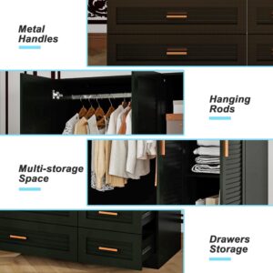 Keloyid Tall Armoire Wardrobe Closet with 4 Drawers, 3-Tier Shelves & Hanging Rod, 3 Louver Doors Wooden Closet Storage Cabinet for Bedroom, Black