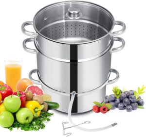 ldaily 11 quart steam juicer, 3-layer steam juice extractor, fruit vegetable steamer w/tempered glass lid, hose, clamp, loop handles, stainless steel steamer pot cookware for making juice/jelly/pasta