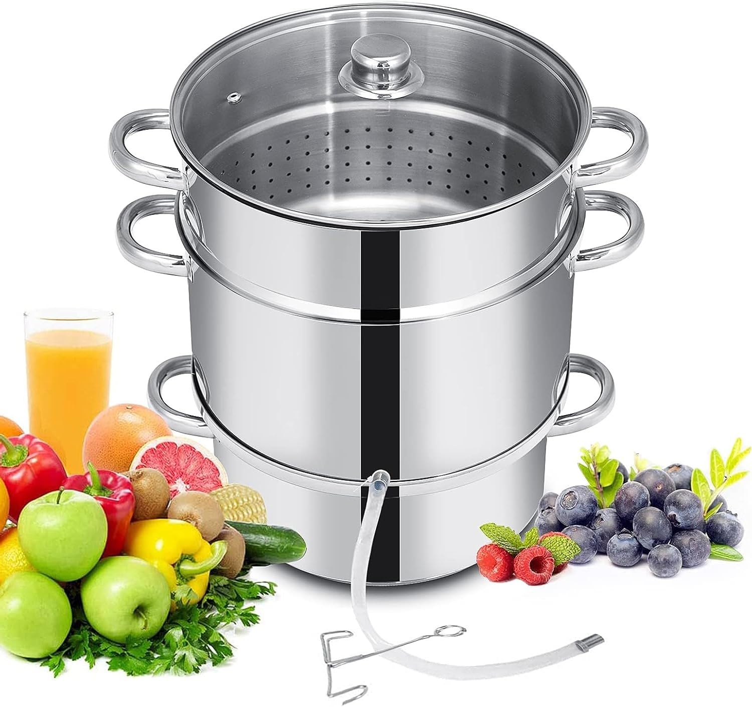 LDAILY 11 Quart Steam Juicer, 3-Layer Steam Juice Extractor, Fruit Vegetable Steamer w/Tempered Glass Lid, Hose, Clamp, Loop Handles, Stainless Steel Steamer Pot Cookware for Making Juice/Jelly/Pasta