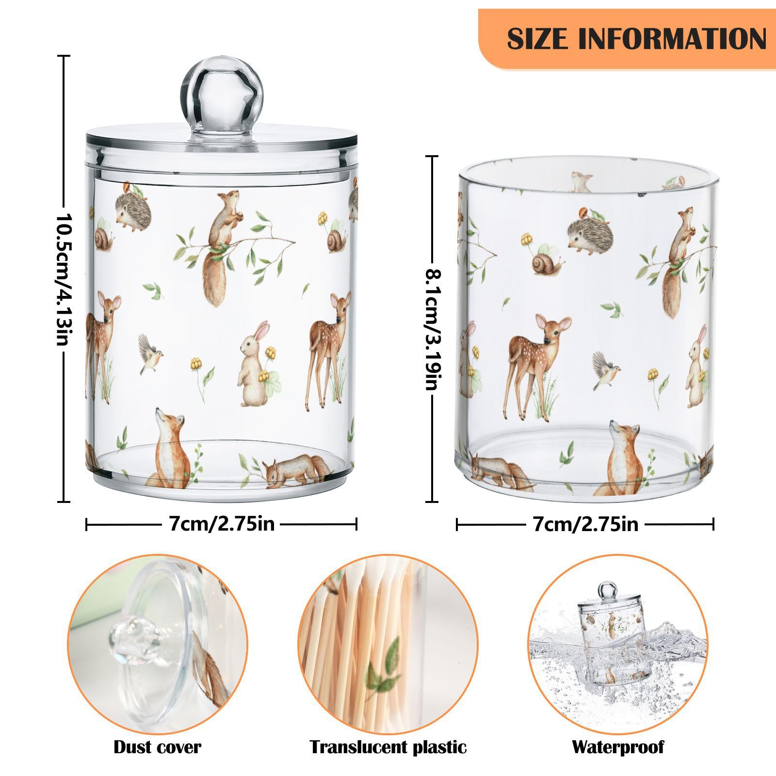 Gredecor 2 Pack Qtip Holder Clear Wild Woodland Baby Animals Apothecary Jars with Lids Acrylic Bathroom Jars Vanity Countertop Canister Storage Organizer for Cotton Ball,Swabs,Pads,Floss