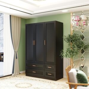 Keloyid Tall Armoire Wardrobe Closet with 4 Drawers, 3-Tier Shelves & Hanging Rod, 3 Louver Doors Wooden Closet Storage Cabinet for Bedroom, Black