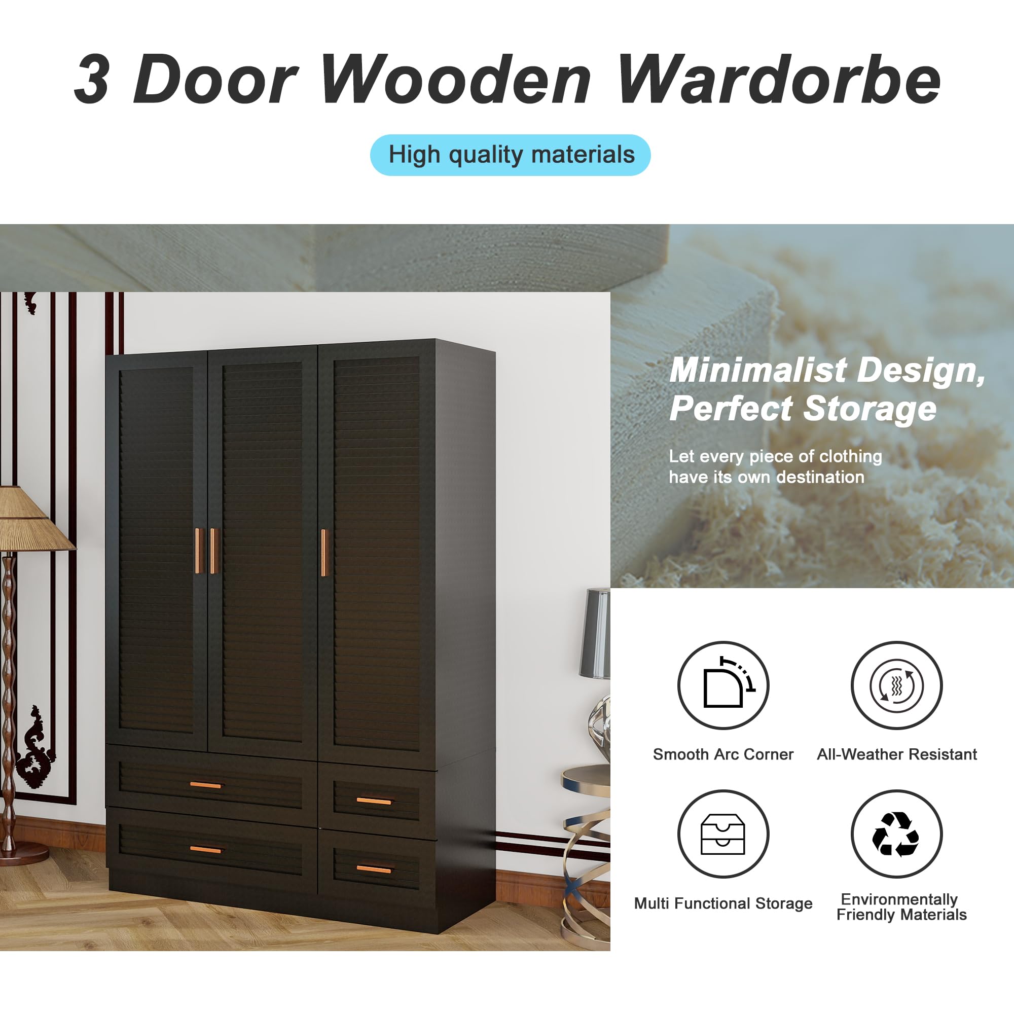 Keloyid Tall Armoire Wardrobe Closet with 4 Drawers, 3-Tier Shelves & Hanging Rod, 3 Louver Doors Wooden Closet Storage Cabinet for Bedroom, Black