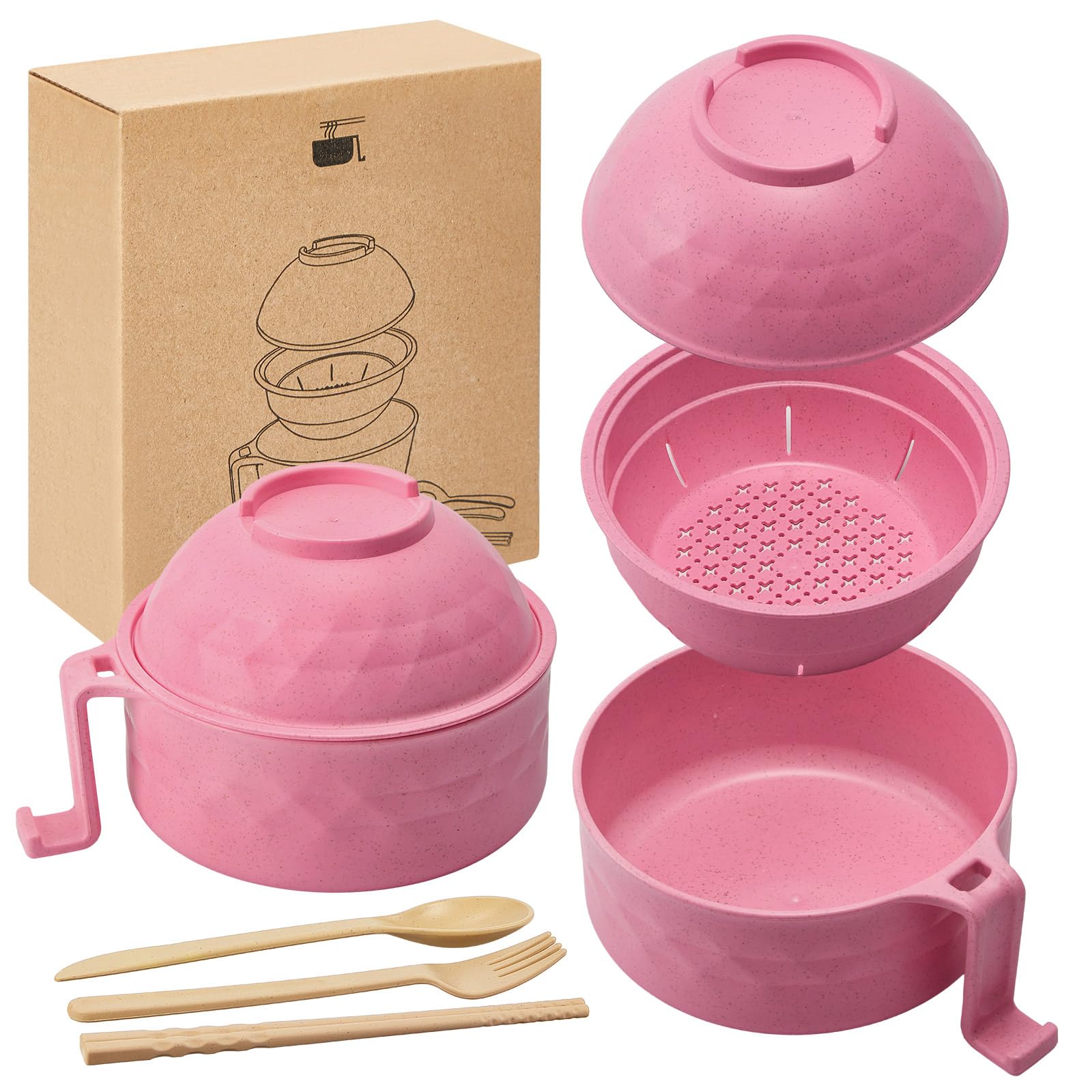 Romooa Microwave Ramen Cooker Set 33 oz Quick Ramen Bowl Set Microwave Noodle Cooker with Handle Ramen Noodle Bowl with Spoon Chopsticks Fork College Dorm Room Apartment Essentials(Pink)