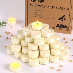 simeitol 100 pcs soy wax tealight candles (6 hour burn time) white unscented votive candles, smokeless & extended burn time clear cup tea lights for weddings, home, emergencies