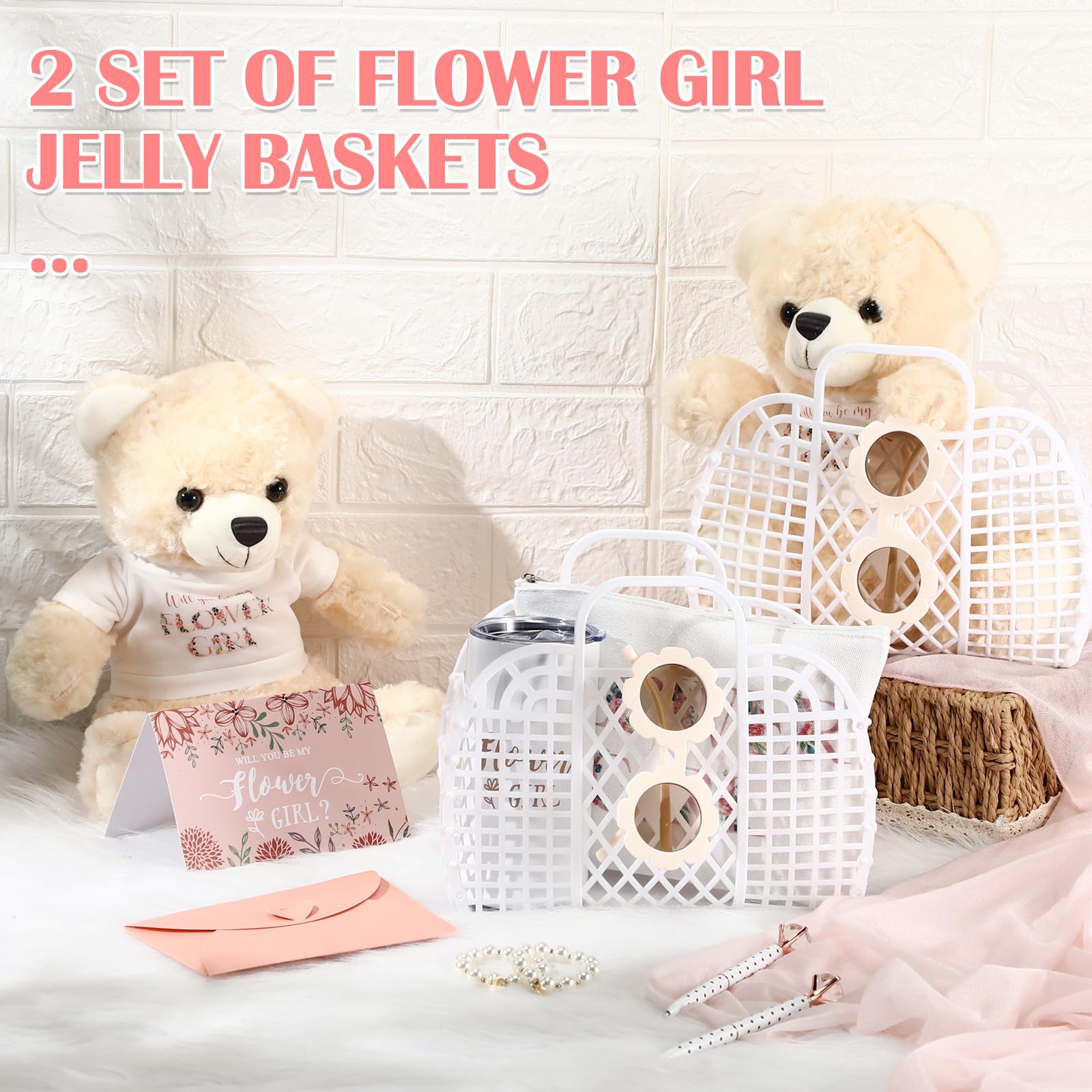 Sieral 2 Sets 18 Pcs Flower Girl Jelly Basket Set Including Flower Girl Tumbler Bear Sunglasses Makeup Bag Bracelet Proposal Card with Pen Envelope Plastic Handbag for Wedding Bridal Shower (White)