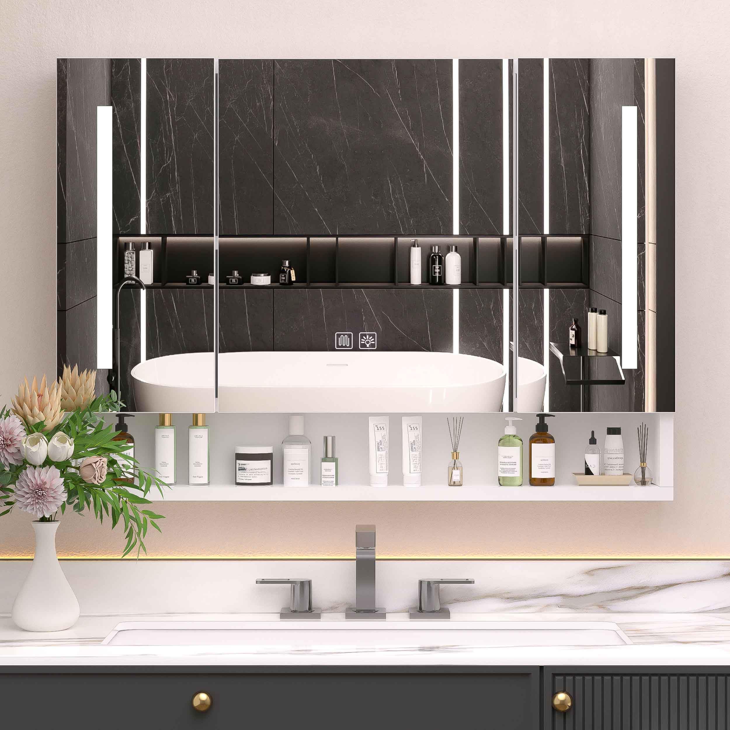 39x28 in Bathroom Mirror Cabinet, Bathroom Storage Cabinet with Adjustable LED Lights, Mirror with Storage, Wall-Mounted Medicine Cabinet with Defogging Mirror, Towel Rail & Multiple Shelves (39x28)