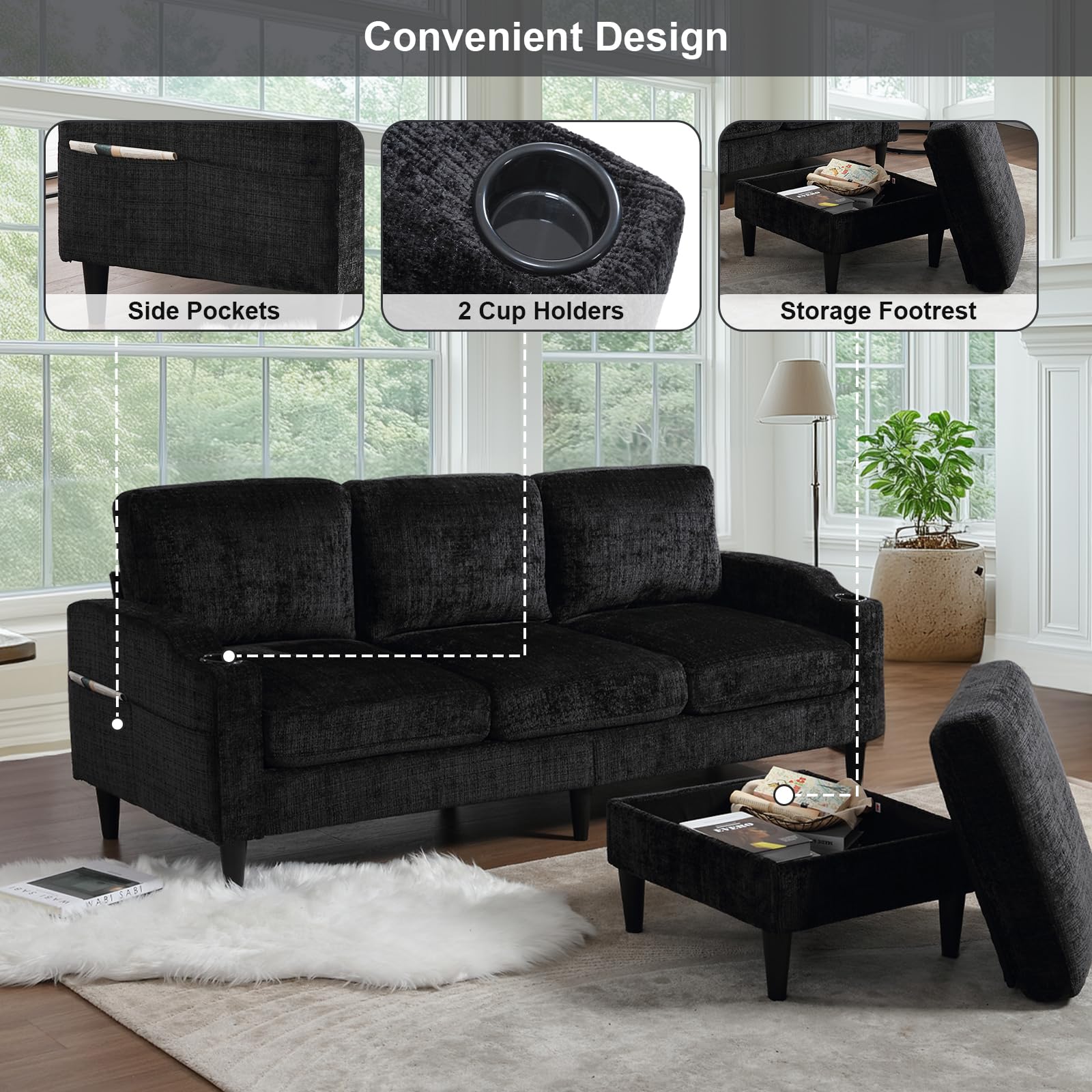 XUWANSHANG 77.36" Modular Sectional Sofa Couch, Chenille Fabric L Shaped Sectional Couches 3 Seater Couches with Storage Ottoman Cup Holders Side Pockets for Small Spaces Living Room Office, Black