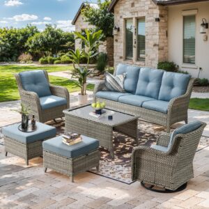 wicker outdoor conversation set-6 pieces outdoor wicker high back couch with swivel rocker chairs patio furniture for deck poolside backyard-light grey/light blue