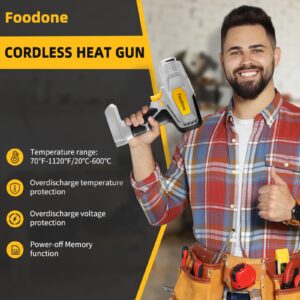 Cordless Heat Gun for Dewalt 20v Battery, Foodone Hot Air Gun with LCD Digital Display up to 1120℉(600℃), Pistola de Calor Portable Heat Shrink Gun with 5 Nozzles for Shrink Tubing,Crafting,Vinyl Wrap