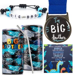 sieral set of 4 christmas big brother gift 14 oz big brother tumbler with straw big bro medal with lanyard new big brother bracelet inspirational card for little boys of new baby birthday(dinosaur)