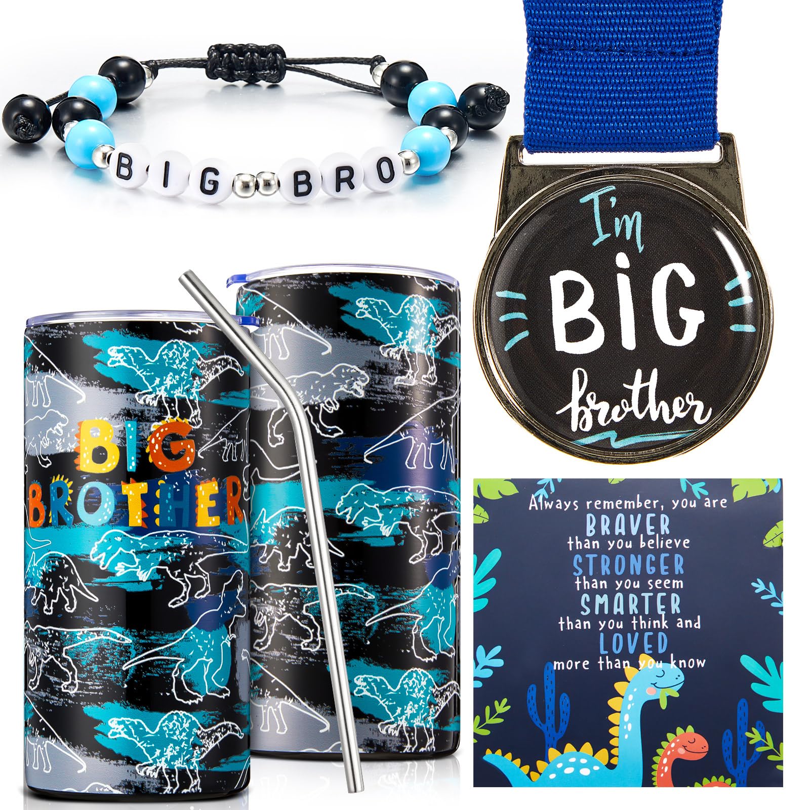 Sieral Set of 4 Christmas Big Brother Gift 14 oz Big Brother Tumbler with Straw Big Bro Medal with Lanyard New Big Brother Bracelet Inspirational Card for Little Boys of New Baby Birthday(Dinosaur)