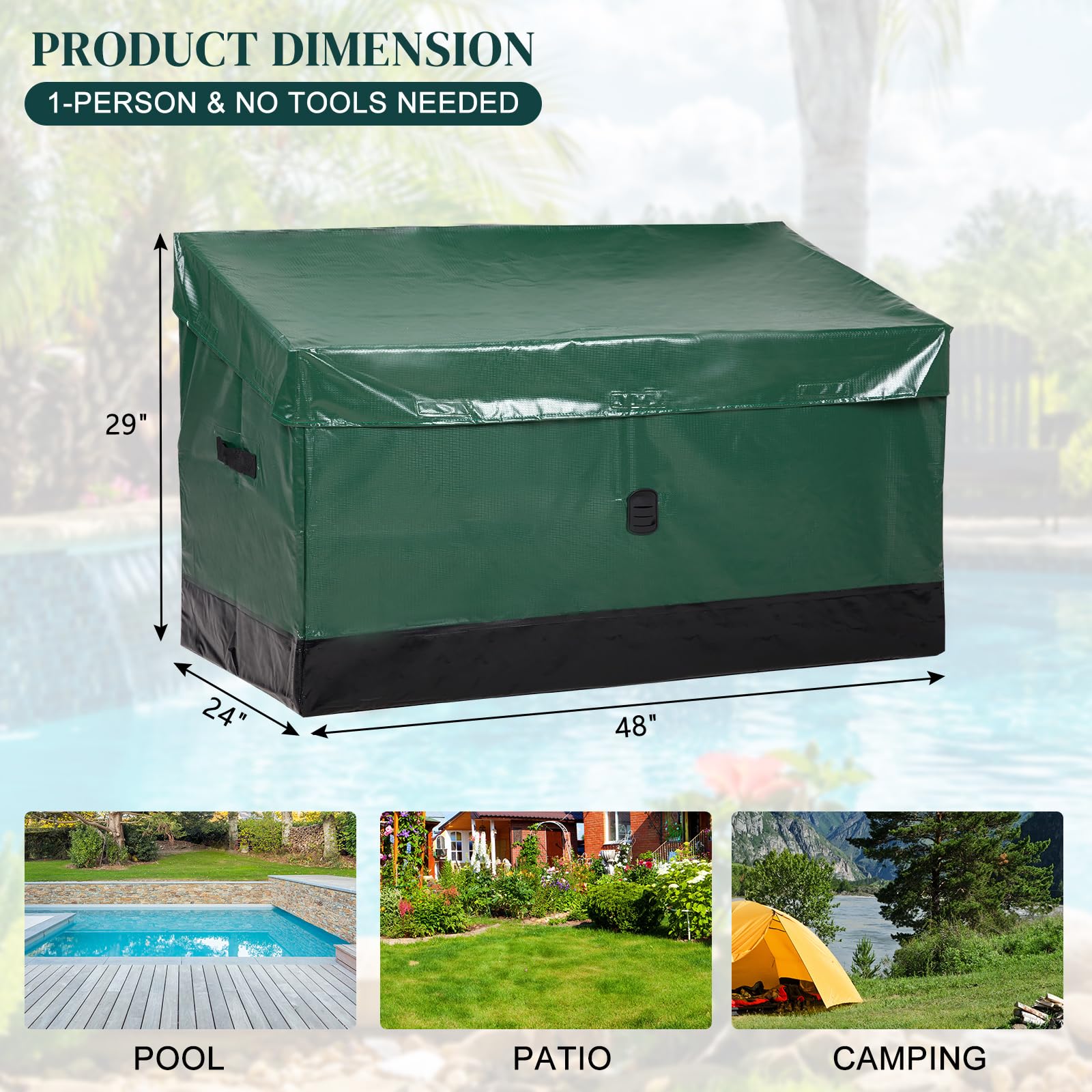 48 * 24 * 29Inch 130 Gallon Waterproof Deck Box, Portable Outdoor PVC Storage Box for All Weather, Perfect for Camping Boat Garden Poolside Yard, Tool-Free Assembly,Green