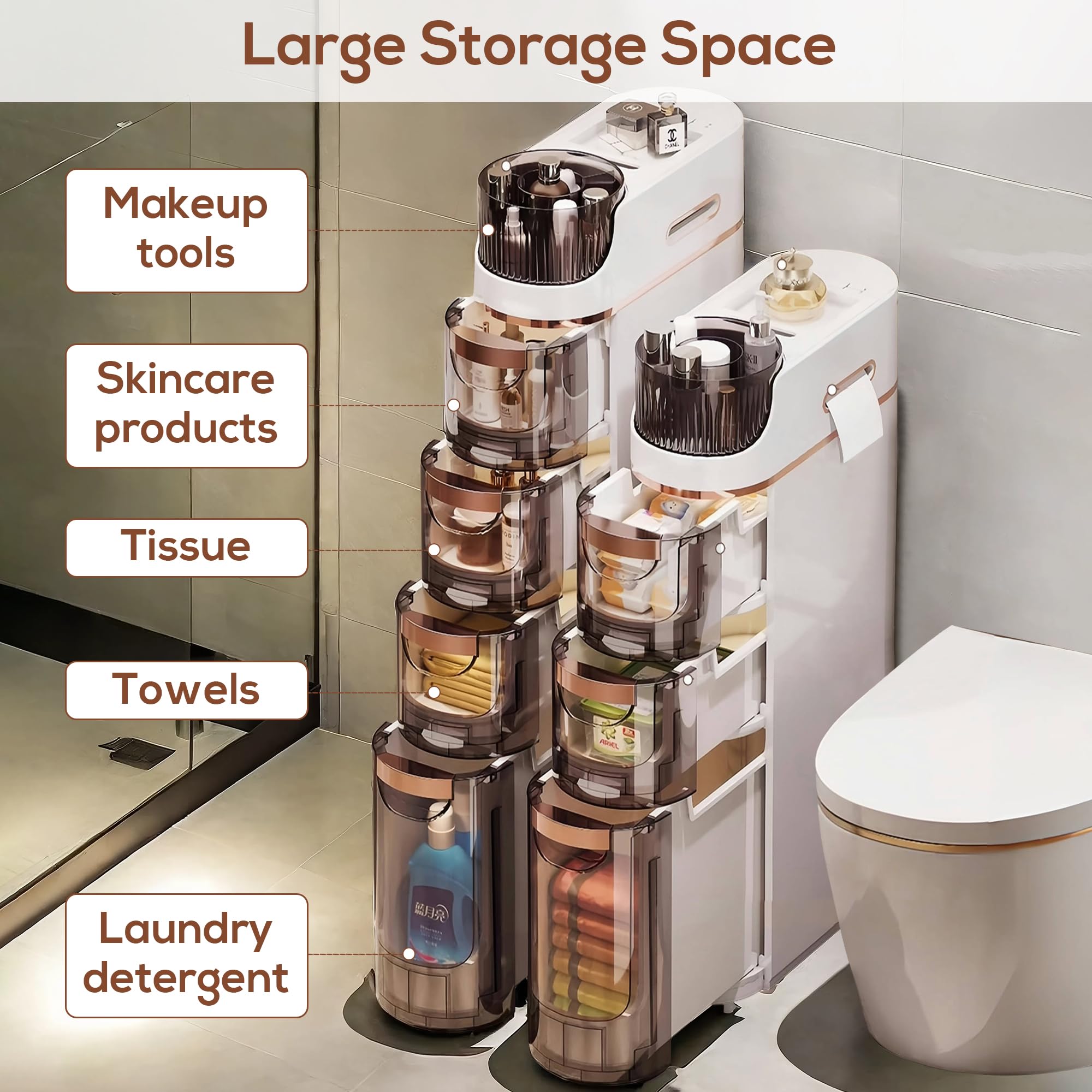 3 Drawers Slim Bathroom Storage Cabinet, Narrow Floor Cabinet with Wheels Toilet Paper Holder, Waterproof Bathroom Storage Organizer for Small Spaces, Kitchen, Laundry, Office, Bedroom, Out of The Box