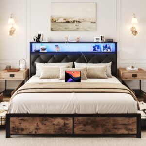 Lifezone Queen Bed Frame with 2-Tier Storage Faux Leather Headboard, Metal Platform Bed with 4 Storage Drawers, Built-in Charging Station & LED, Noise-Free/No Box Spring Needed, Black Diamond