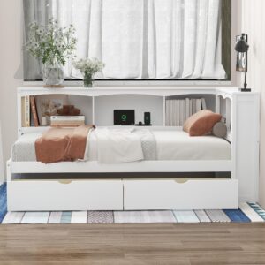 Quarte Twin Size Daybed with Two Storage Drawers, L-Shaped Storage Cabinets and USB Ports, Wooden Platform Bed for Kids Boys Girls Teens Adults (White-U)