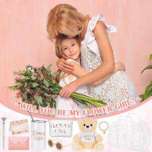 Sieral 2 Sets 18 Pcs Flower Girl Jelly Basket Set Including Flower Girl Tumbler Bear Sunglasses Makeup Bag Bracelet Proposal Card with Pen Envelope Plastic Handbag for Wedding Bridal Shower (White)