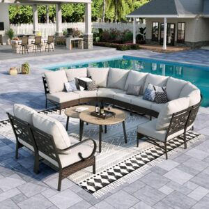 sophia & william outdoor patio furniture set, 10 seats half-moon curved sectional sofa with 2 round coffee table, outdoor rattan patio conversation set, beige