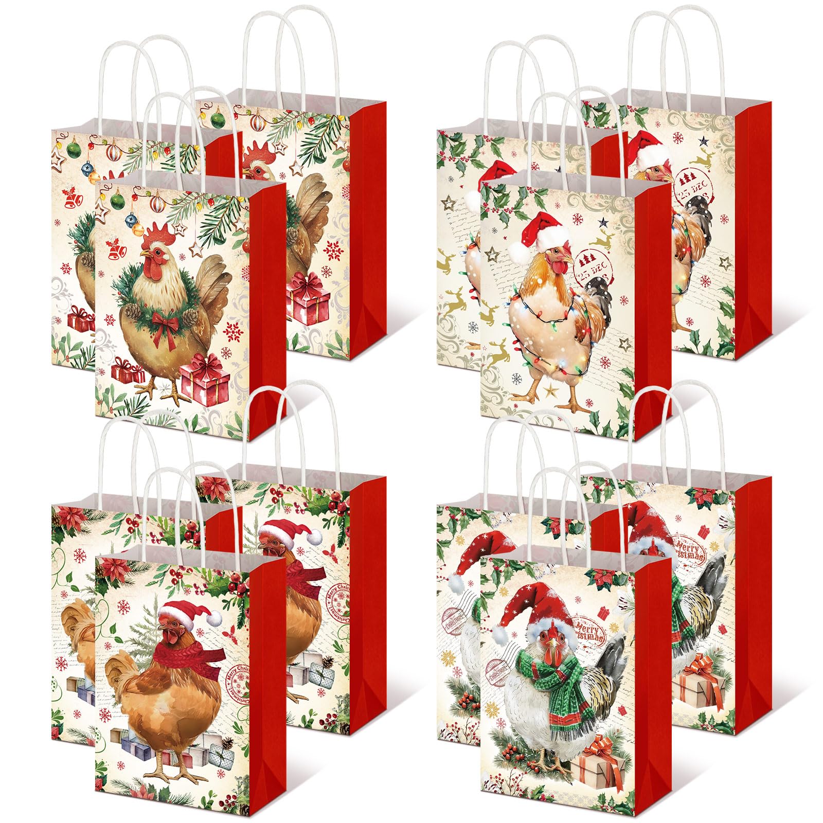 Trandraft 12 Pcs Christmas Kraft Gift Bags with Handles Christmas Goody Bags Holiday Paper Gift Bags Heavy Duty Gift Bags for Christmas Treats Goody Holiday Party Supplies Favors(Chicken)